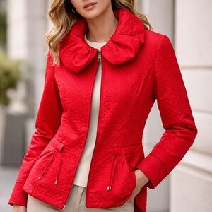 Picadilly Fashion Red Quilted Bomber Jacket with Bow Collar